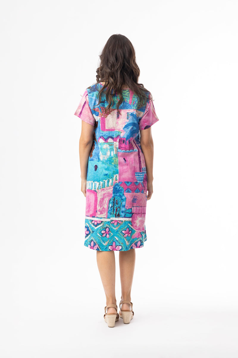 Load image into Gallery viewer, Orientique Womens Printed Cotton Dress Contemporary Short Sleeve V
