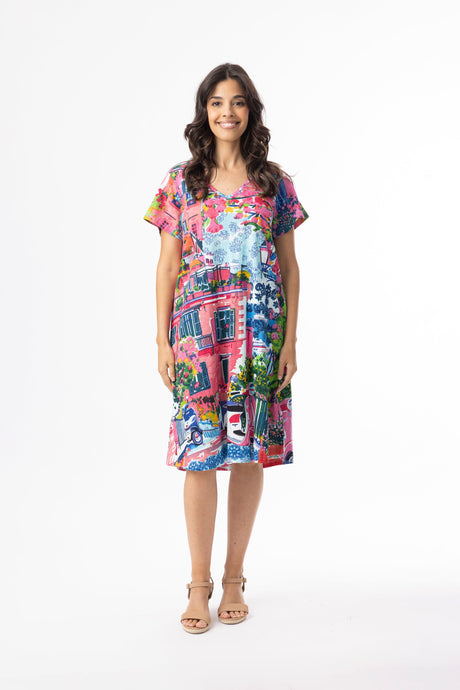 Orientique Womens Printed Cotton Dress Contemporary Short Sleeve V - Scooter