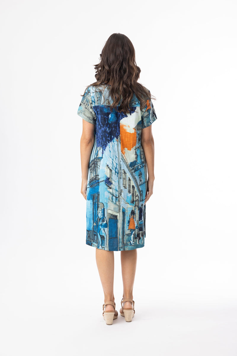 Load image into Gallery viewer, Orientique Womens Printed Cotton Dress Contemporary Short Sleeve V - Tower Blue
