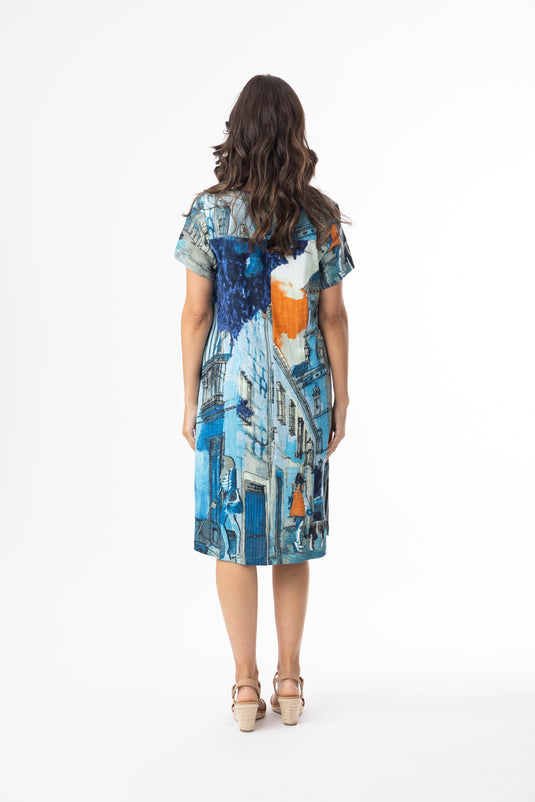 Orientique Womens Printed Cotton Dress Contemporary Short Sleeve V - Tower Blue