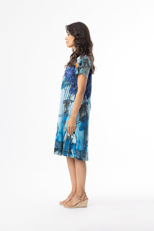 Orientique Womens Printed Cotton Dress Contemporary Short Sleeve V - Tower Blue