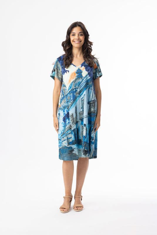 Orientique Womens Printed Cotton Dress Contemporary Short Sleeve V - Tower Blue