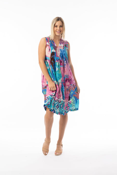 Orientique Womens Printed Cotton Dress V Pleated