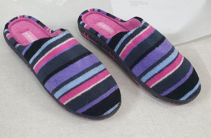 Isotoner Womens Purple Striped Velvet Mules X-TRA COMFORT Sole