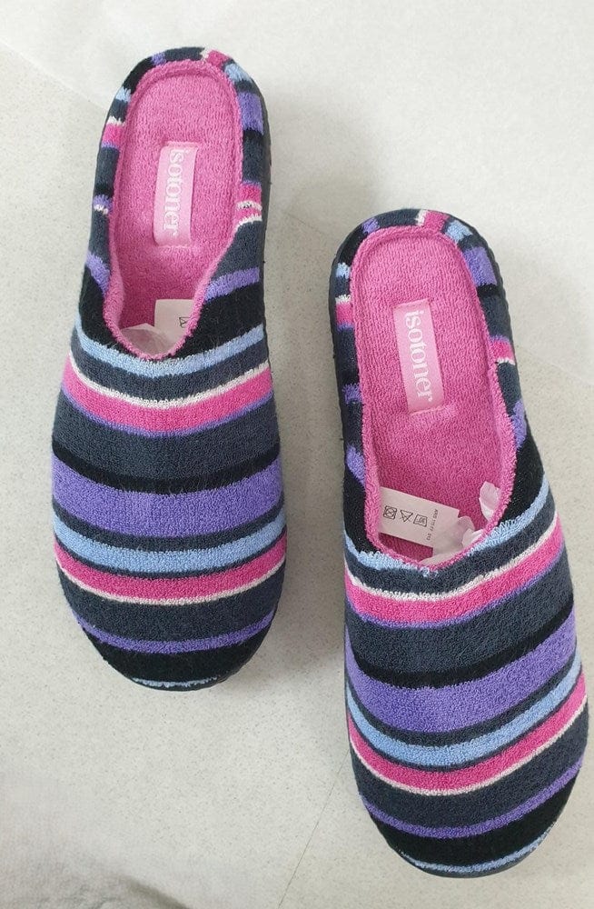 Load image into Gallery viewer, Isotoner Womens Purple Striped Velvet Mules X-TRA COMFORT Sole
