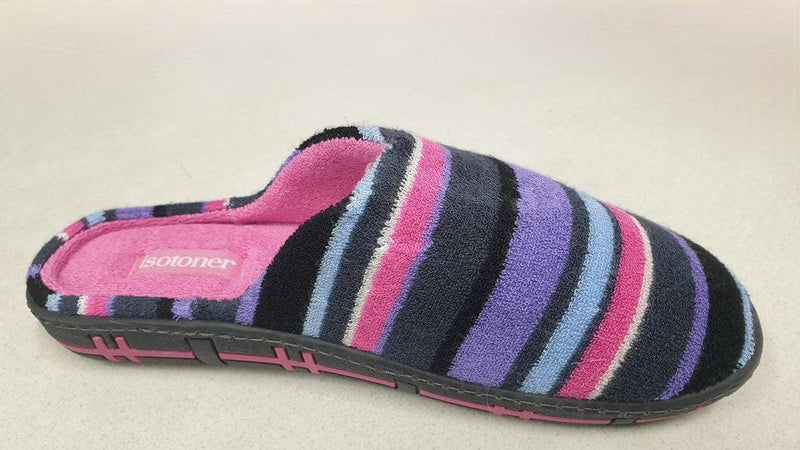 Load image into Gallery viewer, Isotoner Womens Purple Striped Velvet Mules X-TRA COMFORT Sole
