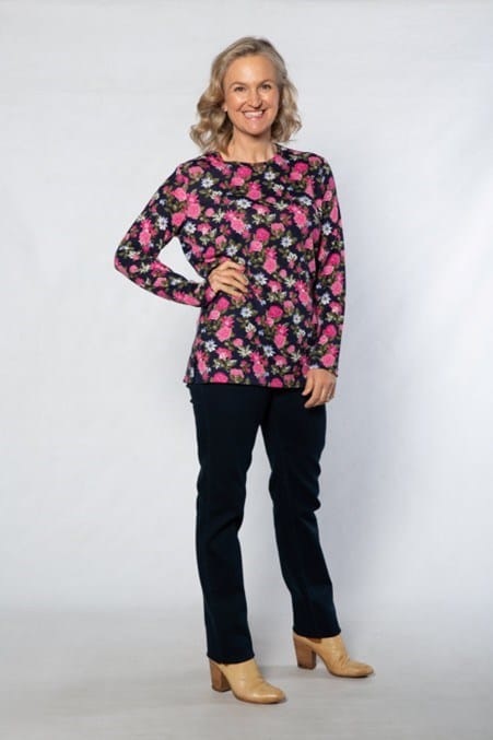 Equinox Womens Floral Printed Long Sleeve Stretch Crew Neck Top