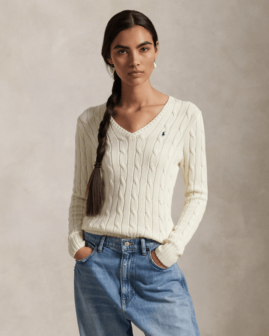 Ralph Lauren Womens Cable-Knit Cotton V-Neck Jumper