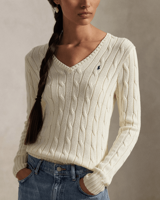 Ralph Lauren Womens Cable-Knit Cotton V-Neck Jumper