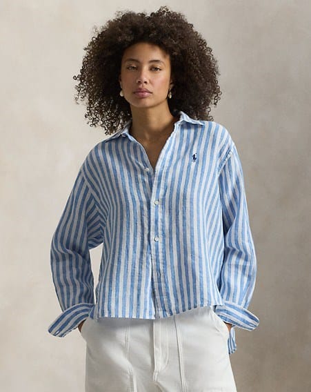 Polo Ralph Lauren Womens Wide Cropped Striped Linen Shirt