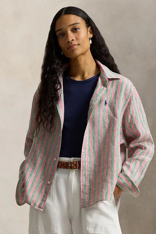 Polo Ralph Lauren Womens Wide Cropped Striped Linen Shirt