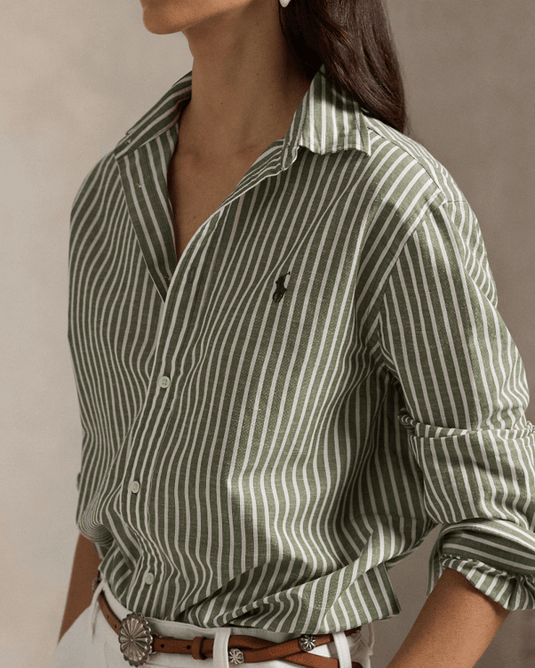 Polo Ralph Lauren Womens Classic Fit Striped Cotton-Linen Shirt