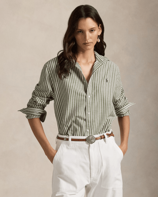Polo Ralph Lauren Womens Classic Fit Striped Cotton-Linen Shirt