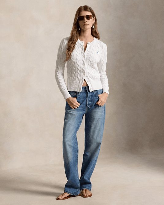 Ralph Lauren Womens Cable-Knit Cotton Crew Neck Cardigan