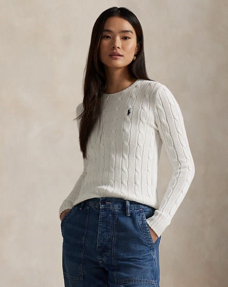 Ralph Lauren Womens Cable-Knit Cotton Crewneck Jumper - White
