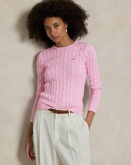 Load image into Gallery viewer, Ralph Lauren Womens Cable-Knit Cotton Crewneck Jumper - Pink
