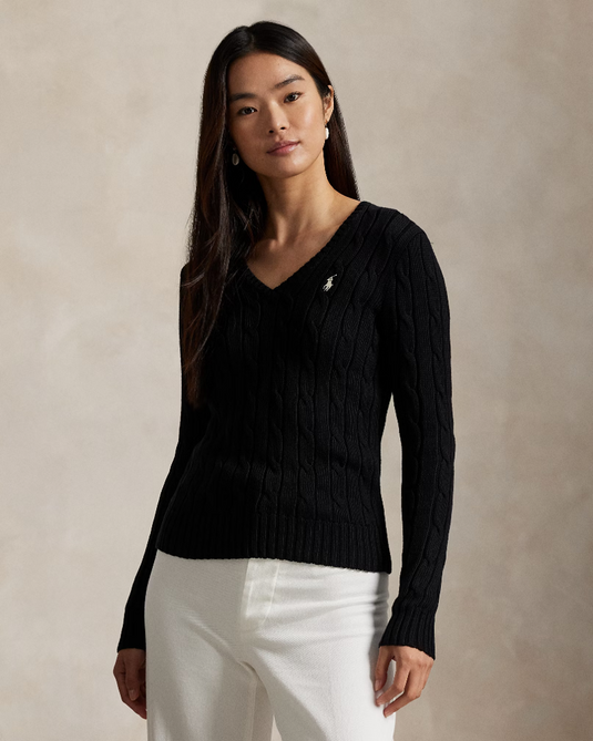 Ralph Lauren Womens Cable-Knit Cotton V-Neck Jumper