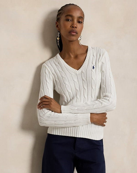 Ralph Lauren Womens Cable-Knit Cotton V-Neck Jumper