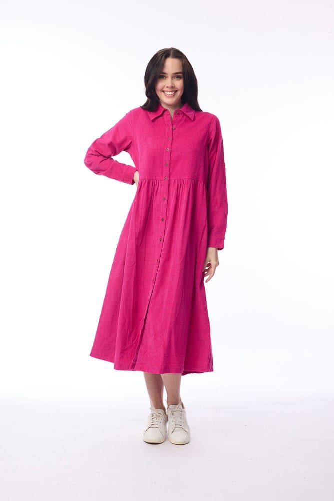 Load image into Gallery viewer, Orientique Womens Cord Solid Dress Collar Buttons - Hot Pink
