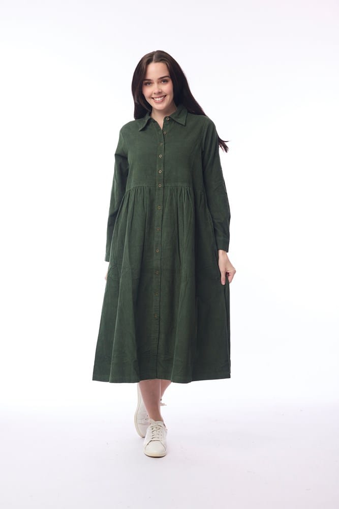 Load image into Gallery viewer, Orientique Womens Cord Solid Dress Collar Buttons - Military
