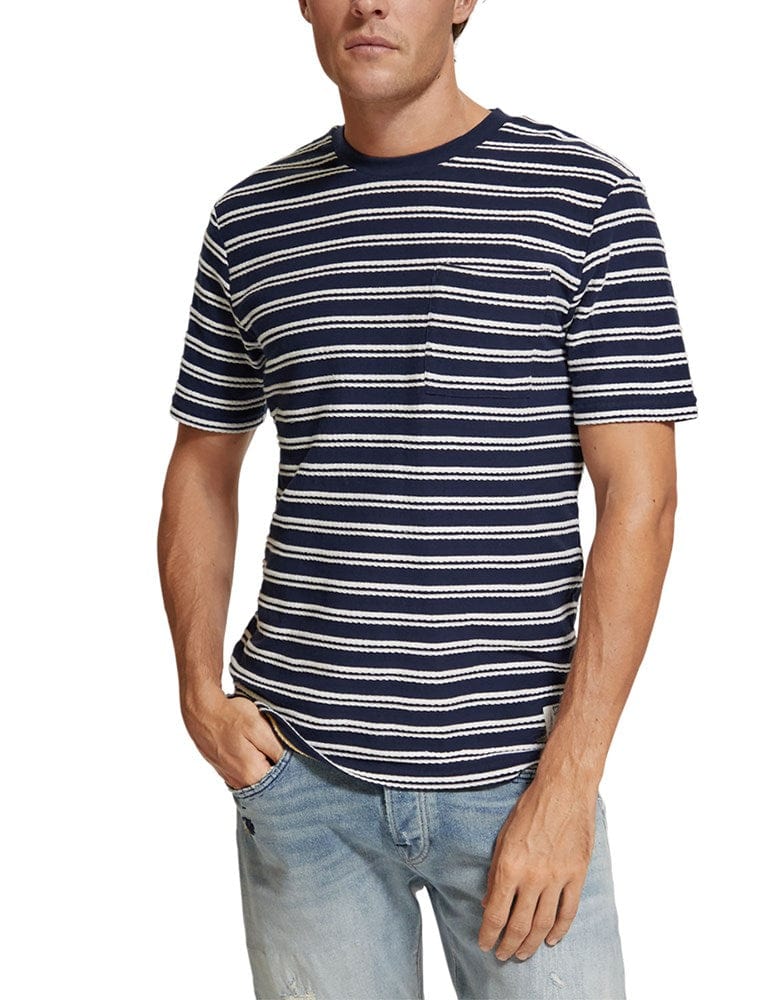 Load image into Gallery viewer, Scotch &amp; Soda Mens Navy Blue/White Stripe Pocket T-Shirt
