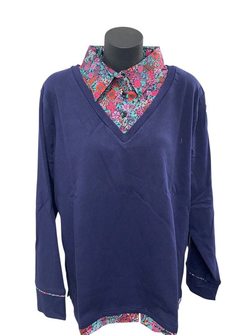 Murals Womens Collard Fleece V-Neck Jumper - Navy Pink Floral