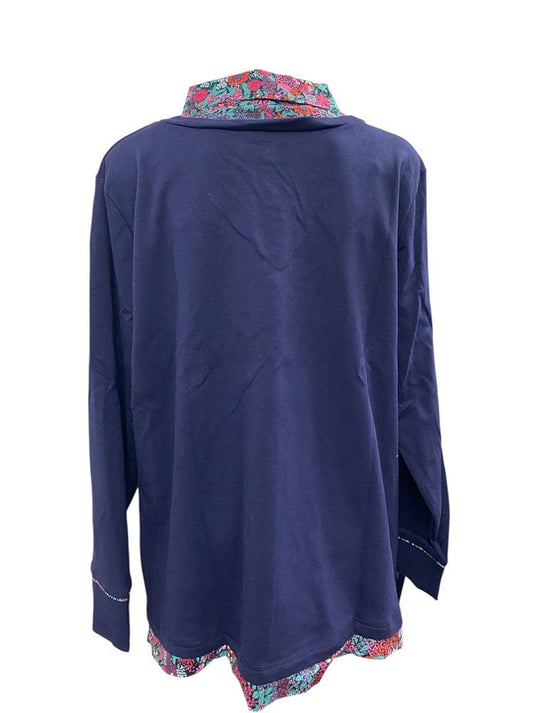 Murals Womens Collard Fleece V-Neck Jumper - Navy Pink Floral