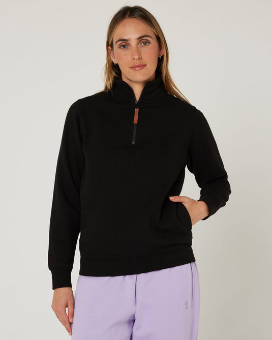 Pilbara Womens Classic Zipper Closed Front Fleece Pullover - Black
