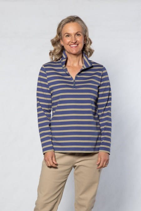 Equinox Womens Cotton Stripe Knit Polo Top with 1/2 Zip - Blue