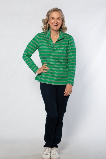 Equinox Womens Cotton Stripe Knit Polo Top with 1/2 Zip - Green/Navy