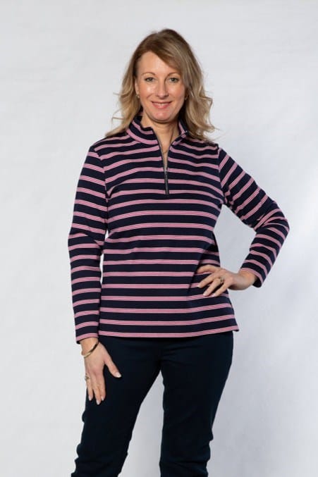 Equinox Womens Cotton Stripe Knit Polo Top with 1/2 Zip - Navy/Pink