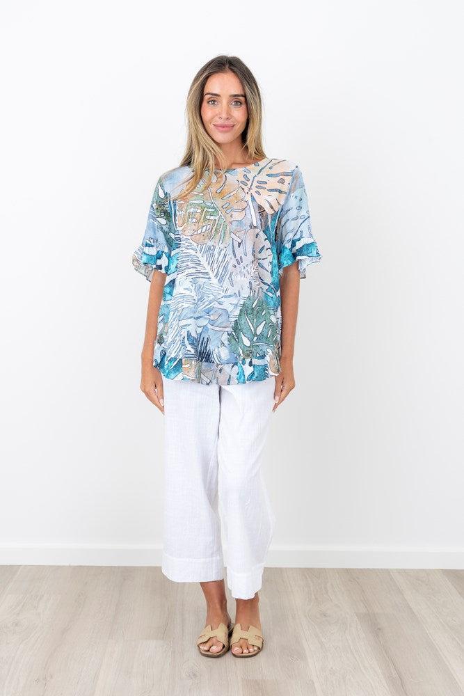 Load image into Gallery viewer, Renoma Womens Lagoon Dreams Frill Sleeve Top
