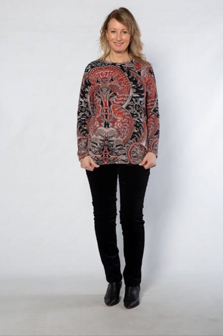 Equinox Womens Paisley Printed Long Sleeve Stretch Crew Neck Top