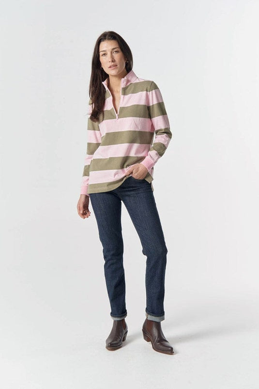 Goondiwindi Cotton Womens The Local 1/2 Zip Cotton Rugby - Pink A Boo/Sage