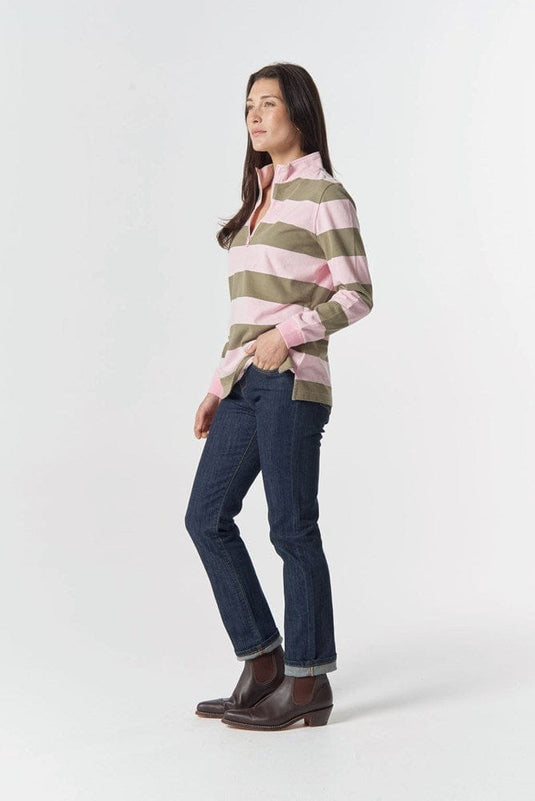 Goondiwindi Cotton Womens The Local 1/2 Zip Cotton Rugby - Pink A Boo/Sage
