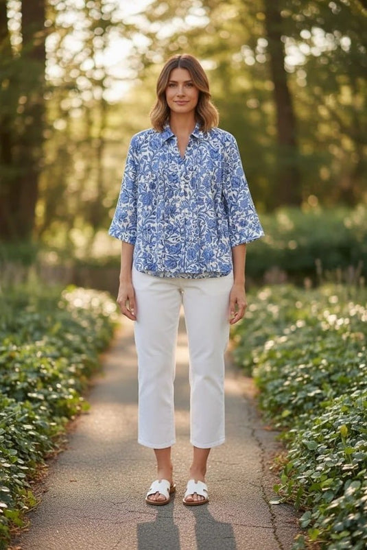 Equinox Womens Pleat Front 3/4 Sleeve Cotton Bamboo Shirt