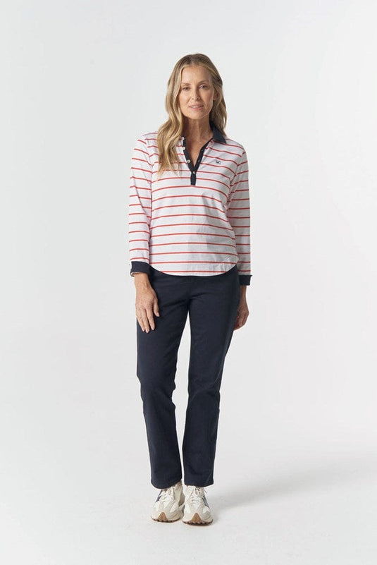 Goondiwindi Cotton Womens Trail Cotton Jersey Polo - White/Poinsettia