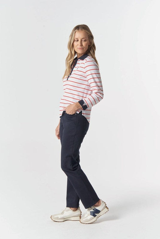 Goondiwindi Cotton Womens Trail Cotton Jersey Polo - White/Poinsettia