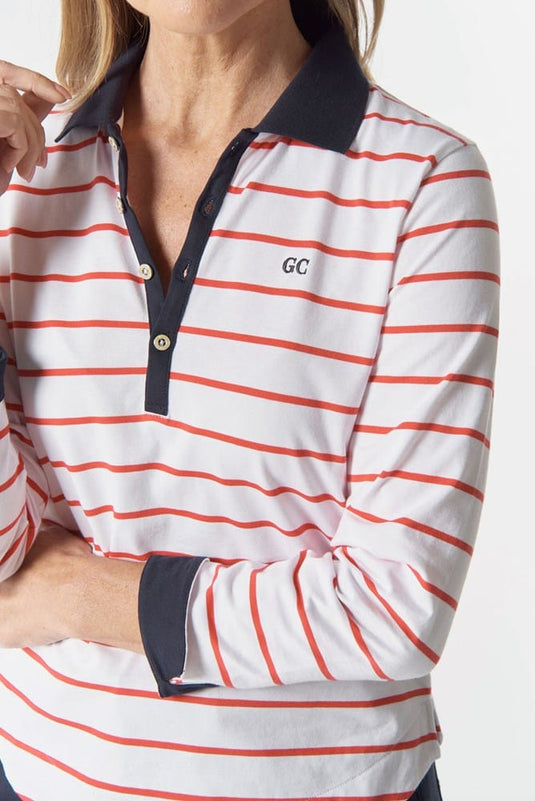 Goondiwindi Cotton Womens Trail Cotton Jersey Polo - White/Poinsettia