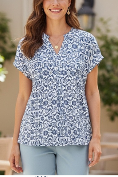 Equinox Womens Mediterranean Print V-Neck Top - Blue