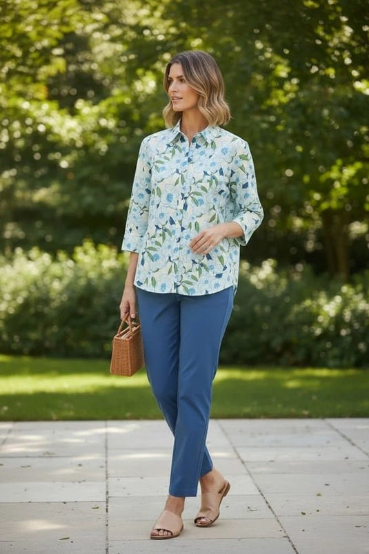 Equinox Womens Blue Flowers Print 3/4 Sleeve Shirt