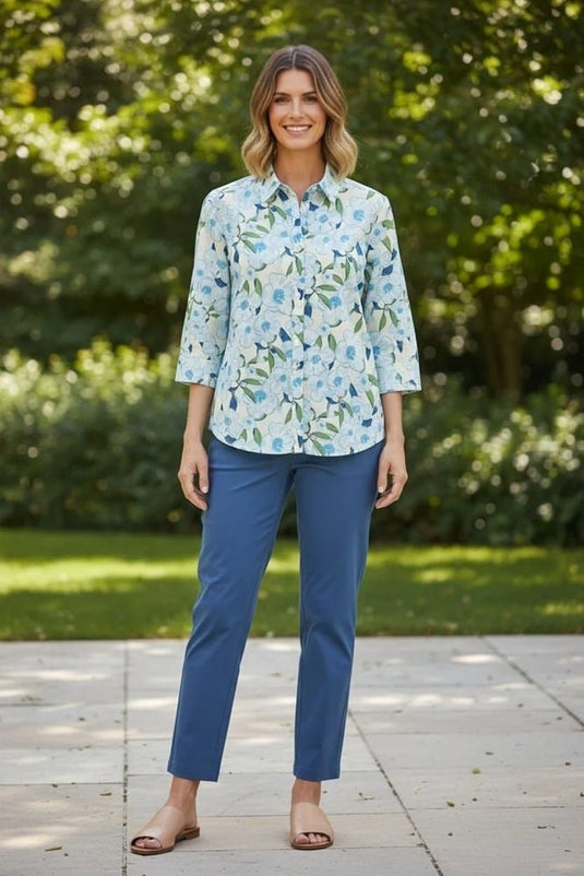 Equinox Womens Blue Flowers Print 3/4 Sleeve Shirt