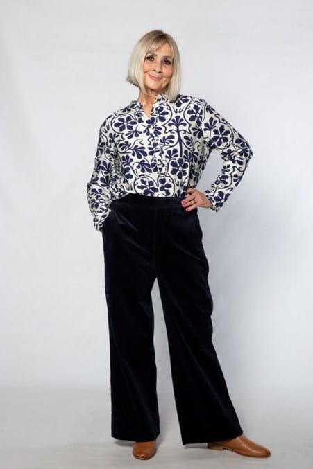 Equinox Womens Monotone Floral Print Tunic Shirt with Mandarin Collar - Navy/Ivy