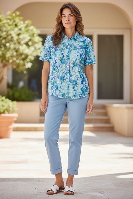 Load image into Gallery viewer, Equinox Womens Blue Floral Print Short Sleeve Shirt

