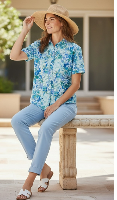 Equinox Womens Blue Floral Print Short Sleeve Shirt