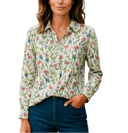 Equinox Womens Long Sleeve Ivory Multi Floral Cotton Shirt