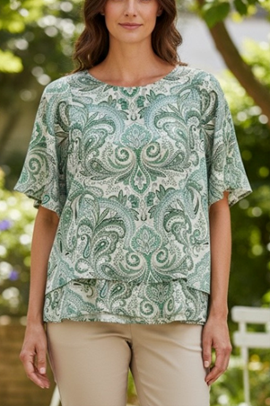 Equinox Womens Flutter Sleeve Layered Print Top - Green