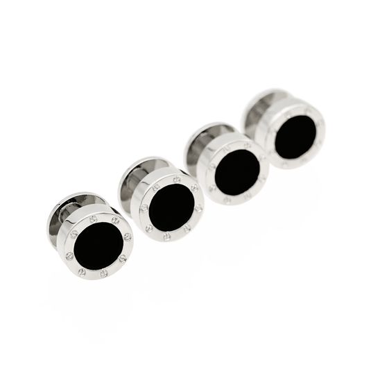 Cudworth Mens Round Rhodium Cartier with Onyx and Screw Back Stud