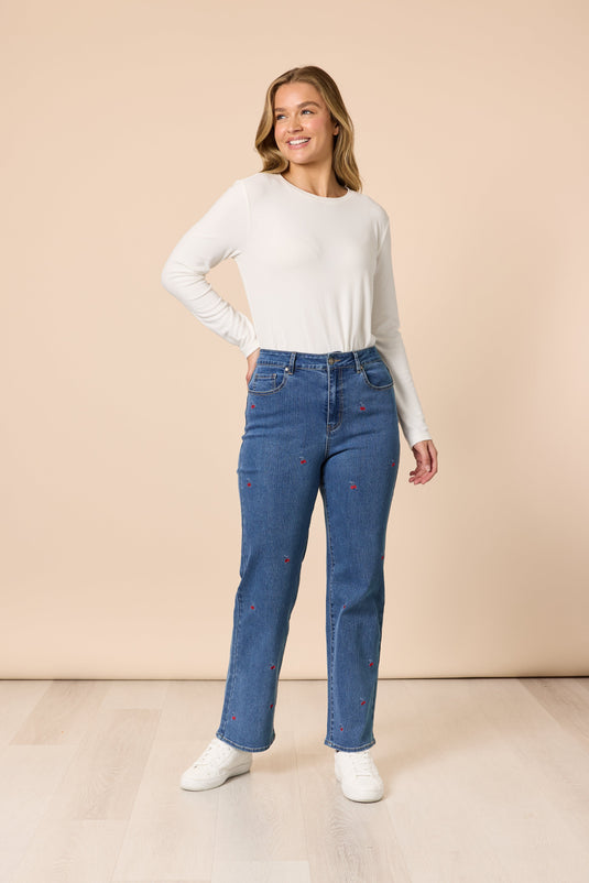 Gordon Smith Womens Embroidered Cherry Straight Leg Jeans