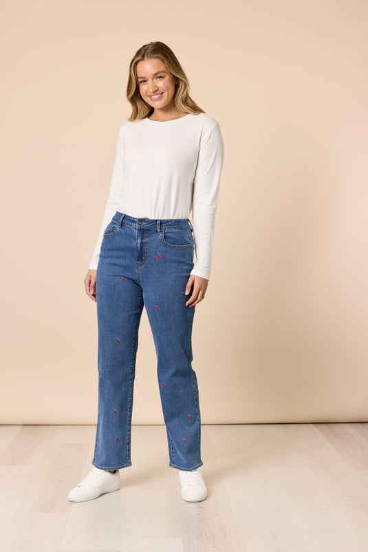 Gordon Smith Womens Embroidered Cherry Straight Leg Jeans